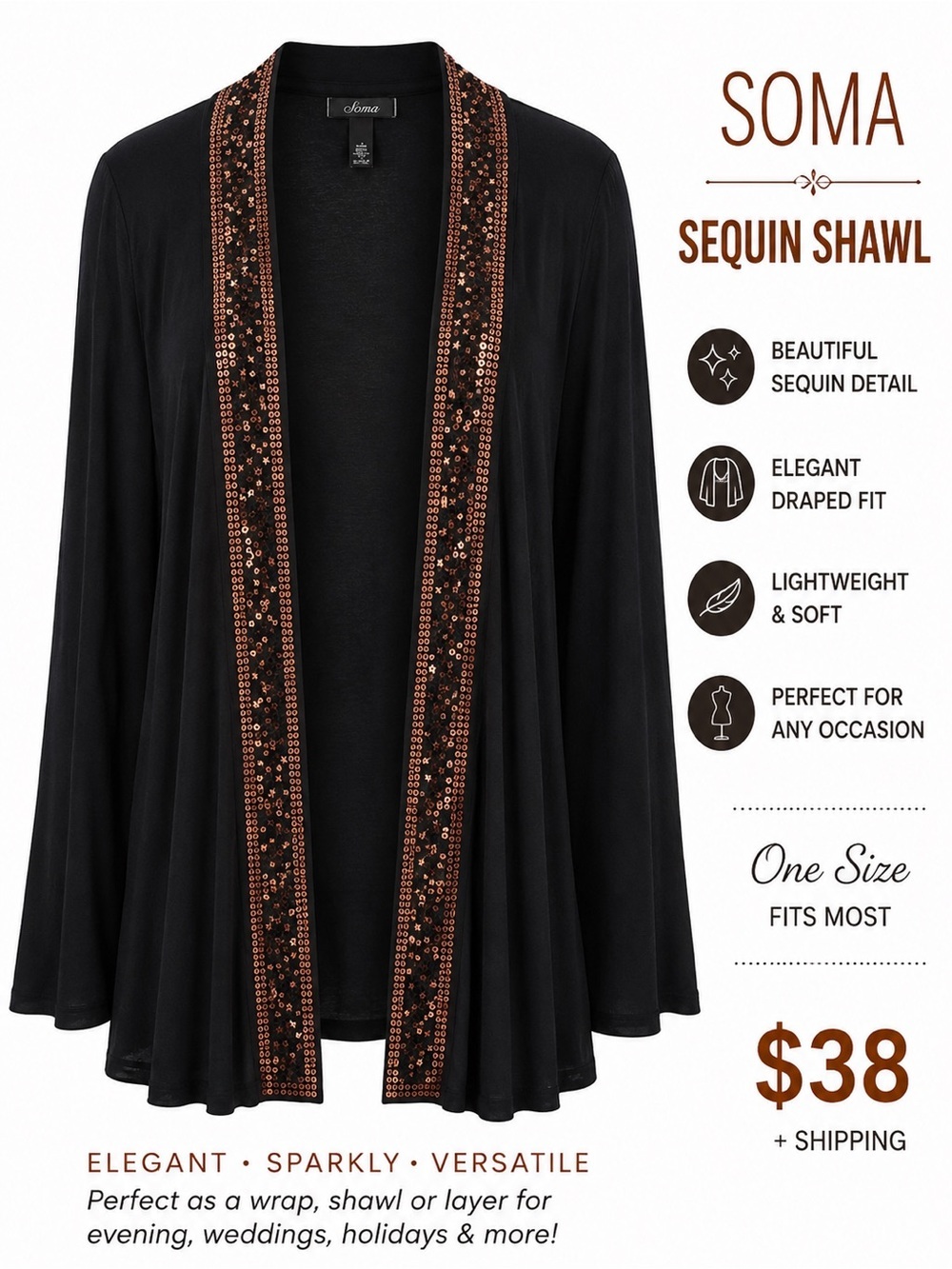 Soma Black Sequin Trim Open Front Shawl Cardigan Wrap Size Large